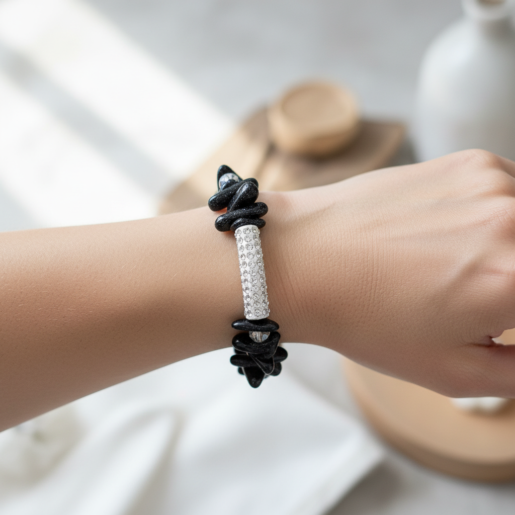 Black Natural Stick Stone and Silver Crystal Bar Bracelet