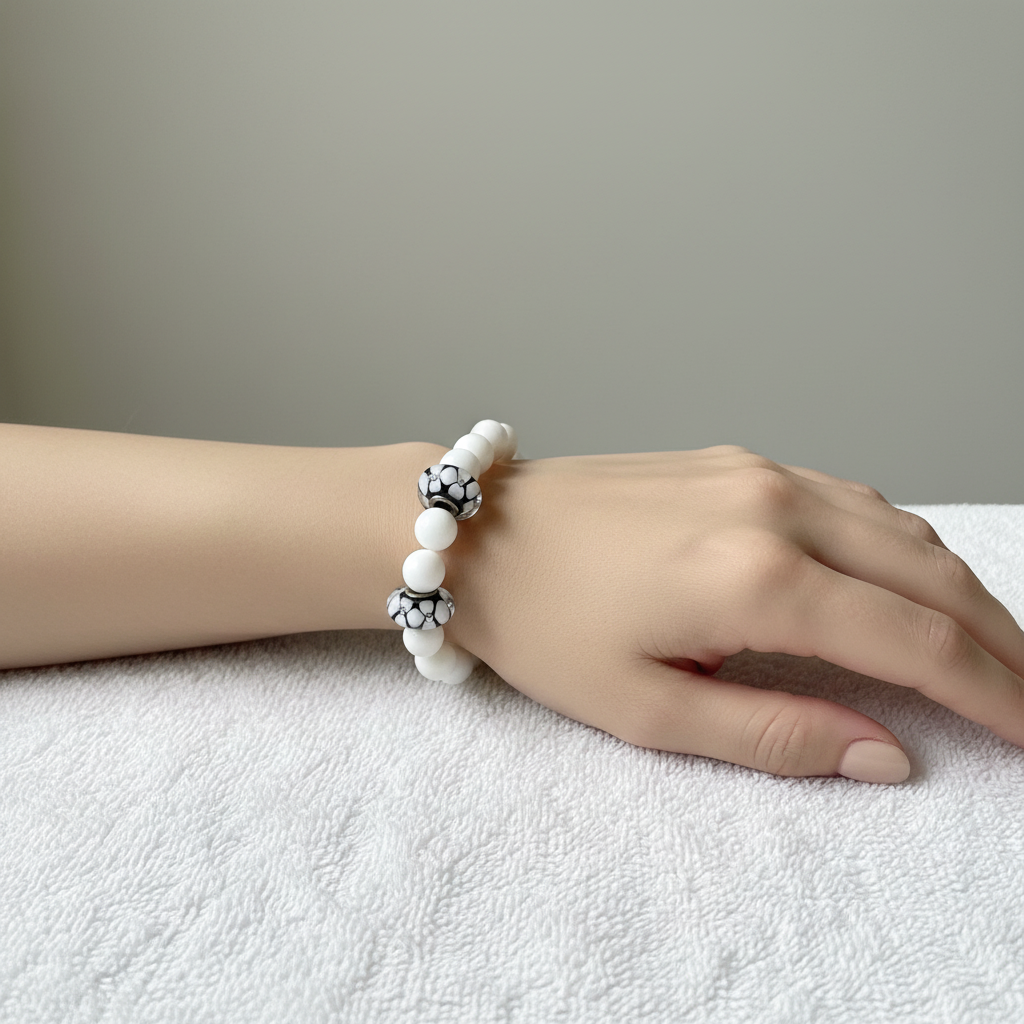 Black and White Shell Beaded Bracelet On Womans Wrist
