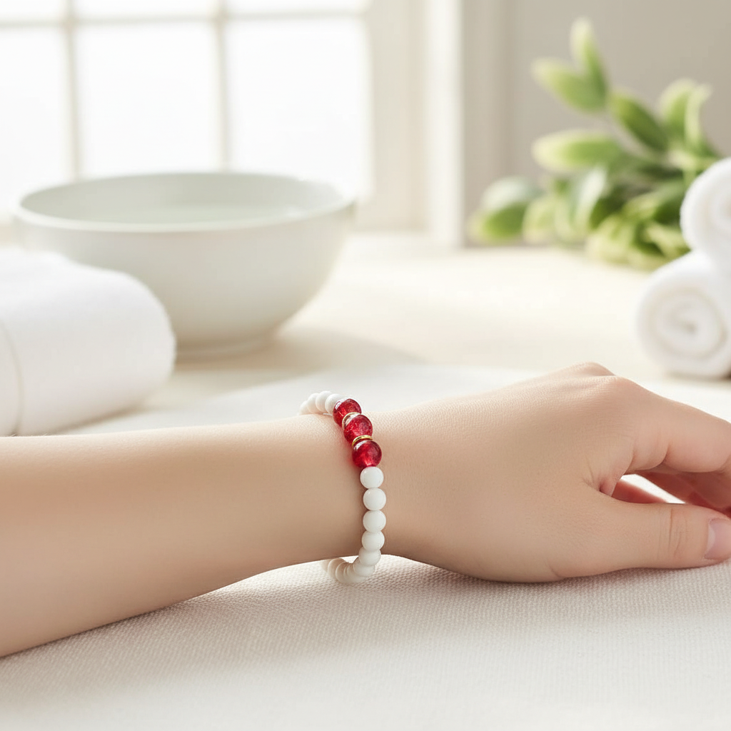 White Shell and Red Beaded Bracelet On A Wrist.