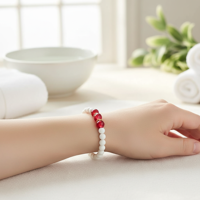 White Shell and Red Beaded Bracelet On A Wrist.