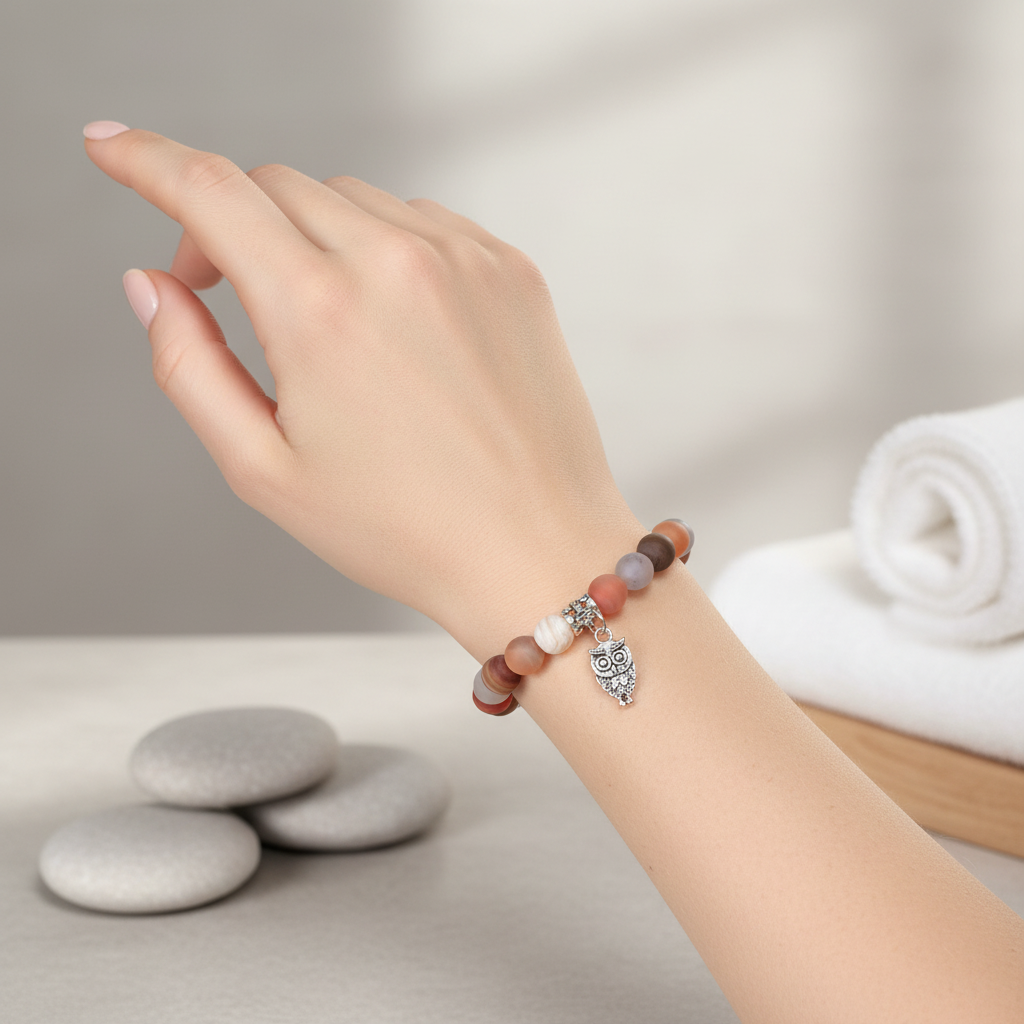 Carnelian Matte Agate Beaded Bracelet with Silver Owl Charm On A Wrist
