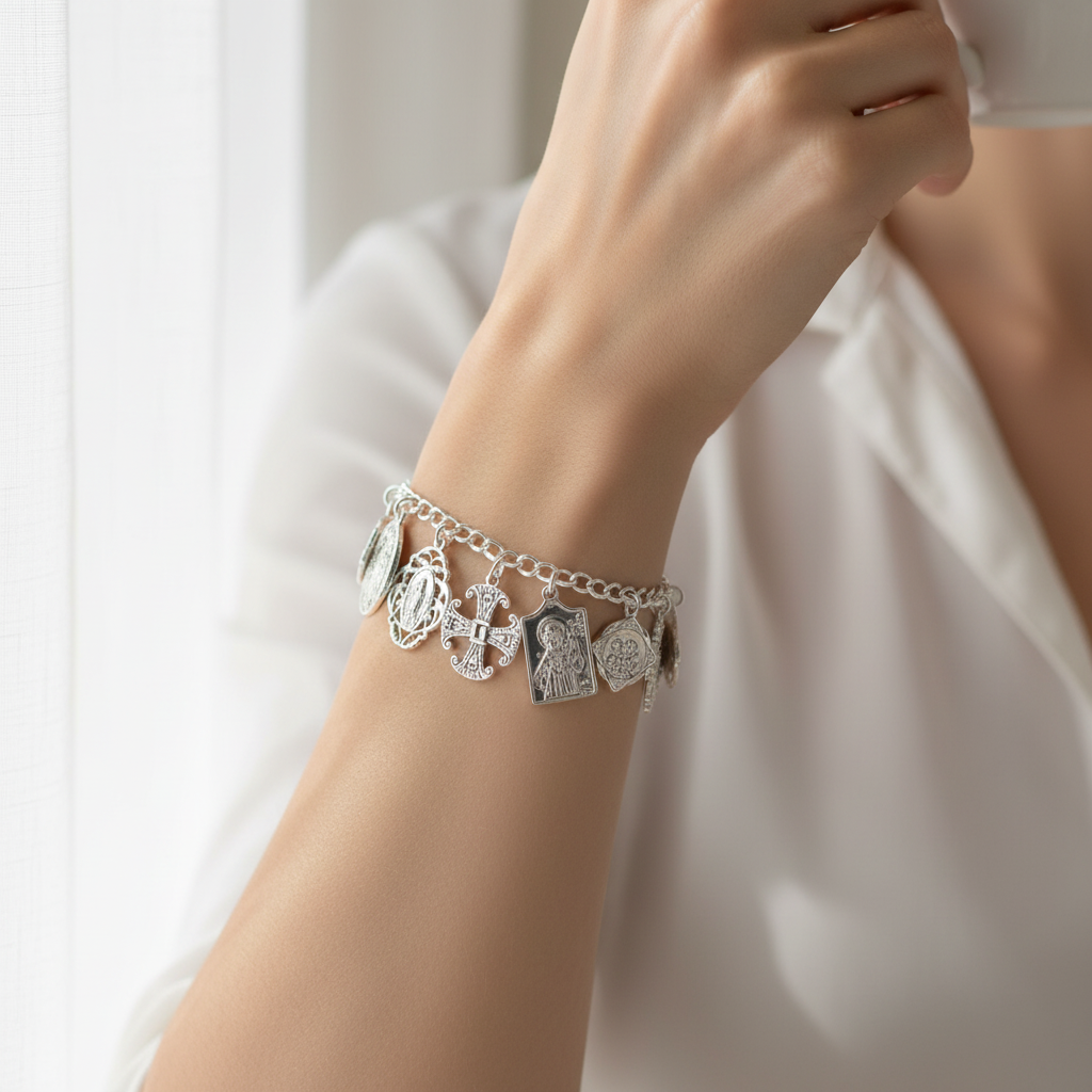 Bright Silver Religious Saints Charm Bracelet On A Womans Wrist.