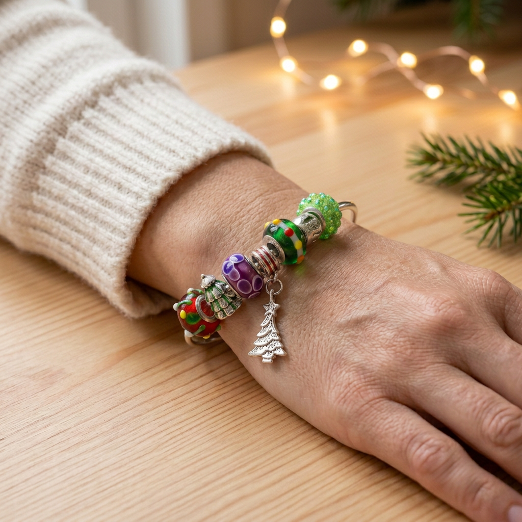 Christmas Tree Bead Bangle Bracelet On A Womans Wrist.