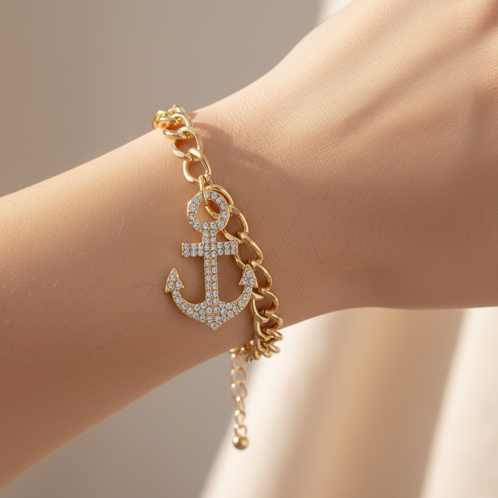 Gold and Crystal Anchor Charm Bracelet On A Womans Wrist.
