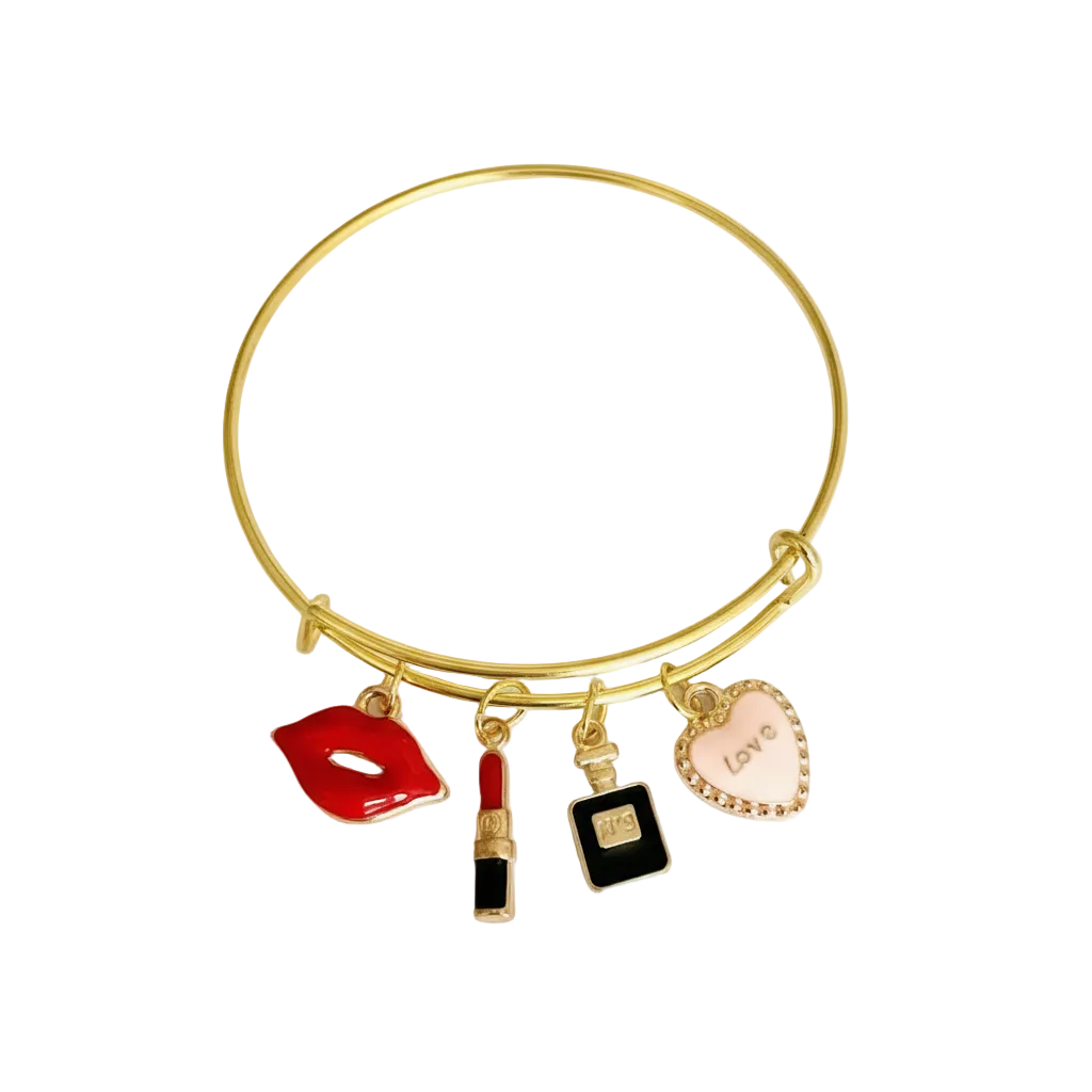 Gold Bangle Beauty Charm Bracelet with Lipstick, Perfume Charms.