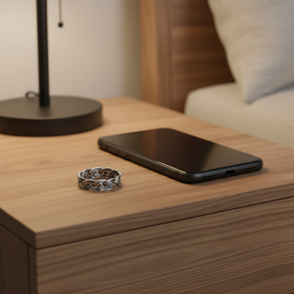 Braided Silver Ring on Nightstand