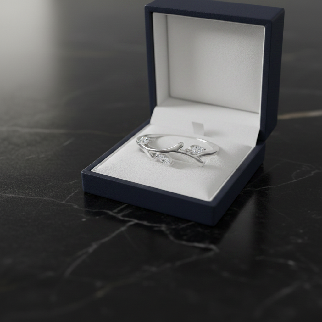 Sterling Silver and CZ Branch Ring in Jewelry Box