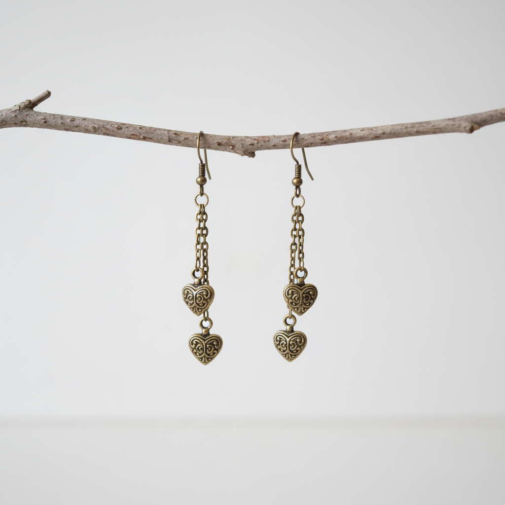 Brass Double Heart Long Earrings on Branch.