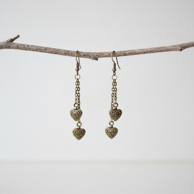 Brass Double Heart Long Earrings on Branch.