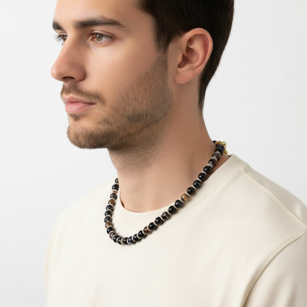 Brown Agate and Beige Necklace On A Man.