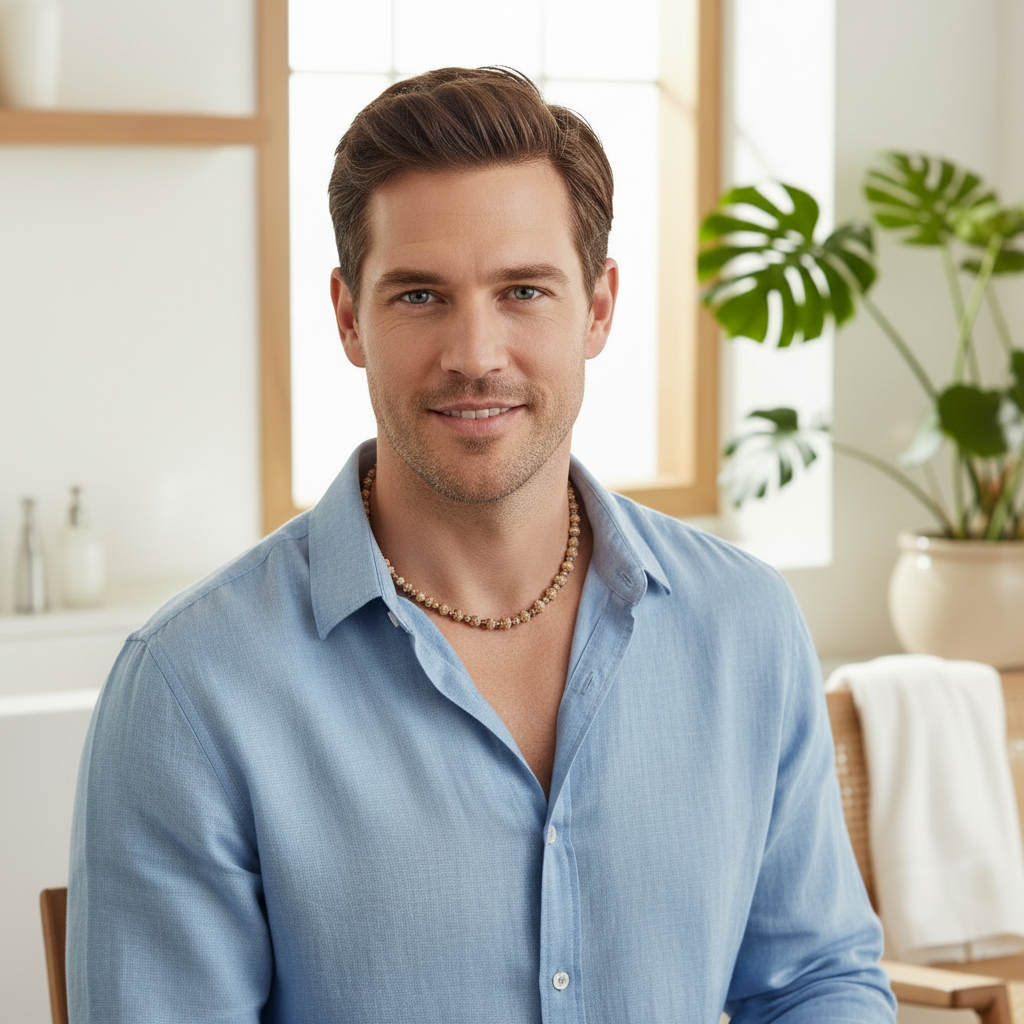 Brown and White Puka Shell Necklace On A Man.