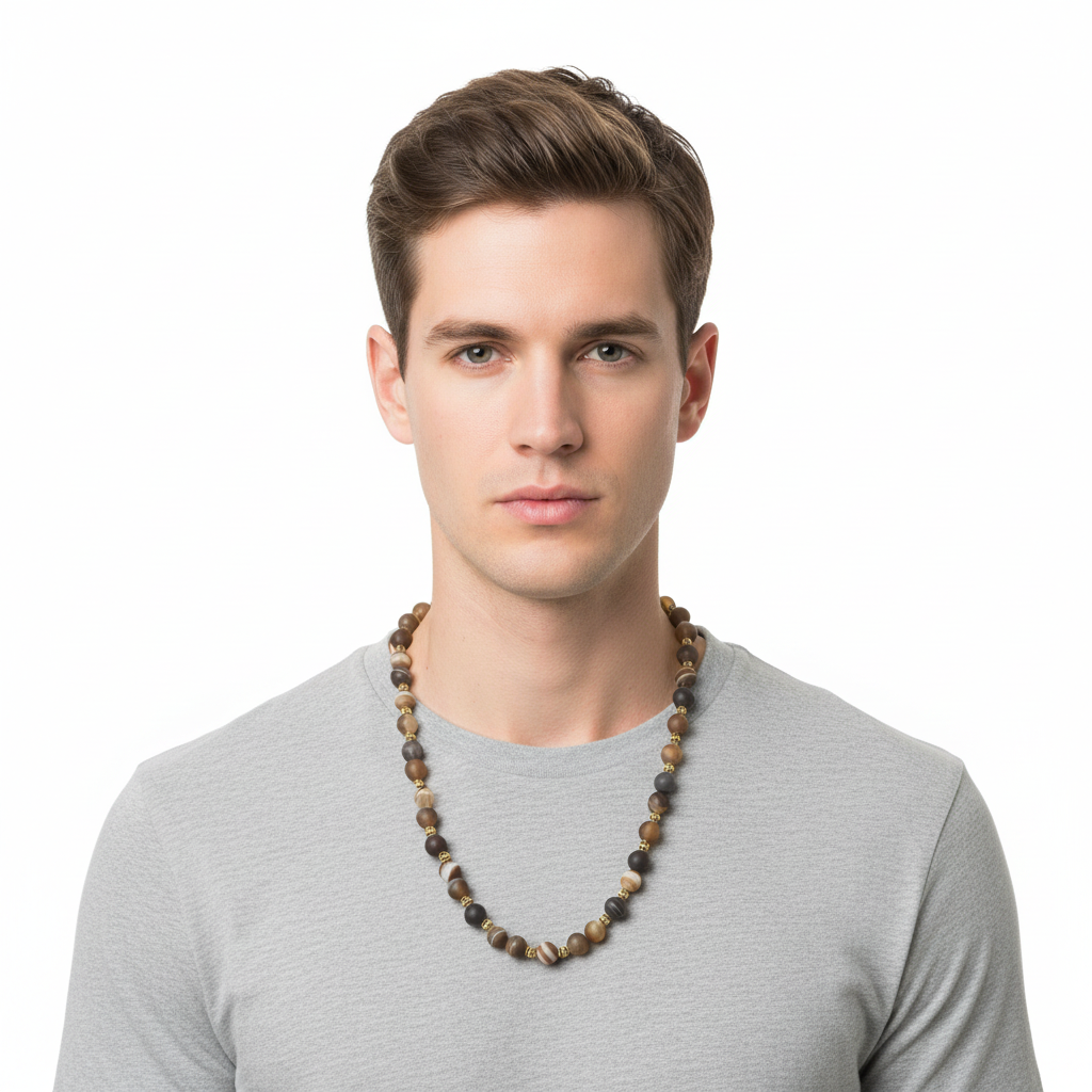 Brown Line Matte Agate Mens Beaded Necklace On A Man.