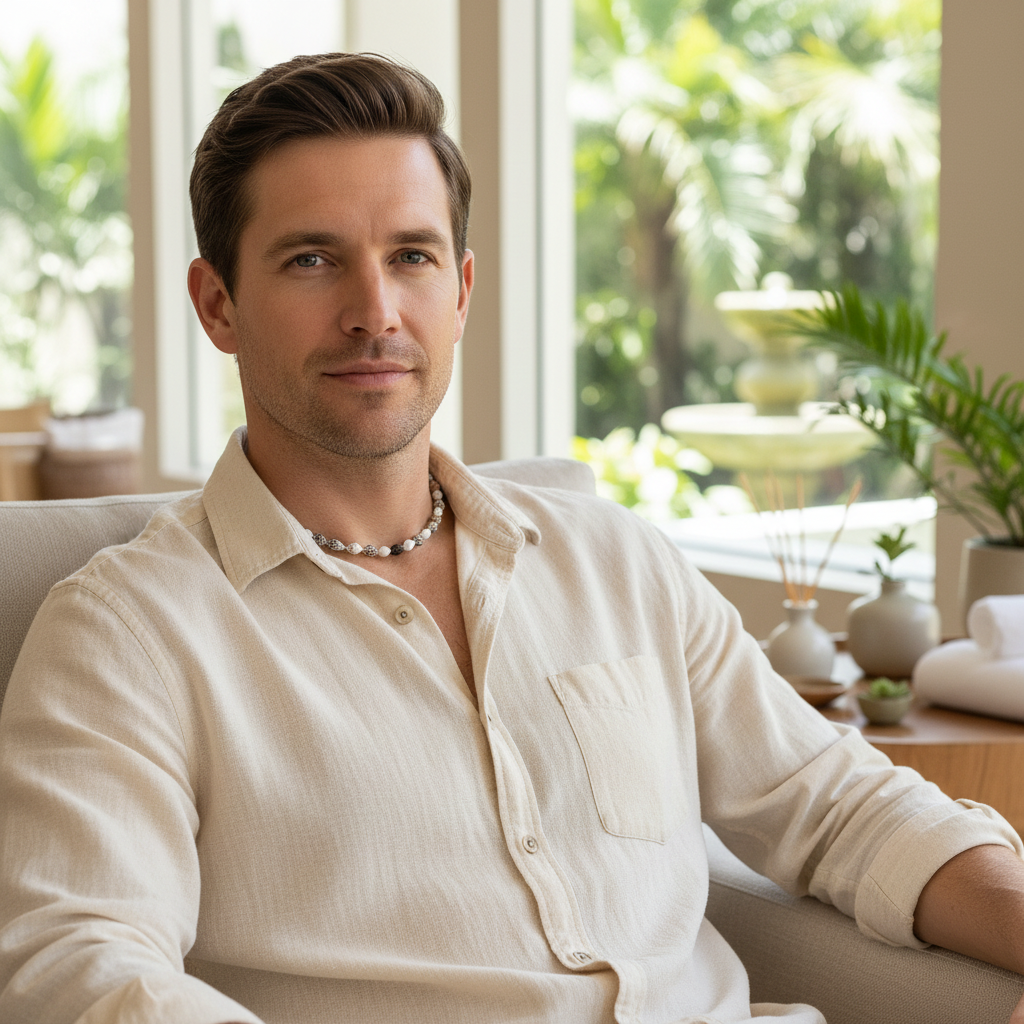 Brown & White Shell Necklace On A Man.