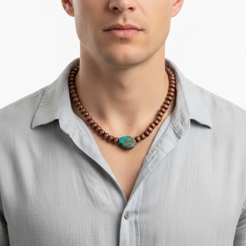 Brown Wood and Turquoise Stone Beaded Necklace On A Man.