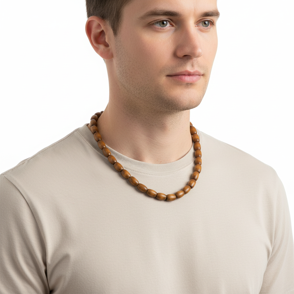 Brown Wood Mens Barrel Beaded Necklace On A Man.