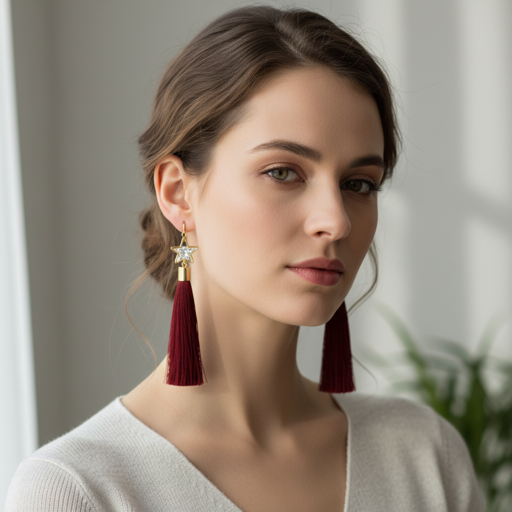 Burgundy Tassel Earrings On A Model.