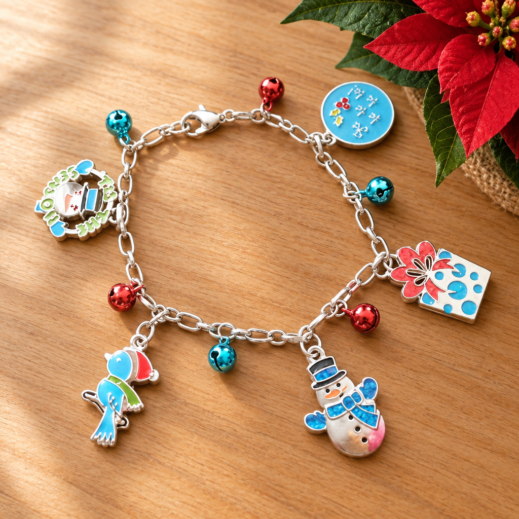 Christmas Snowman Charm Bracelet on a table beside a poinsettia