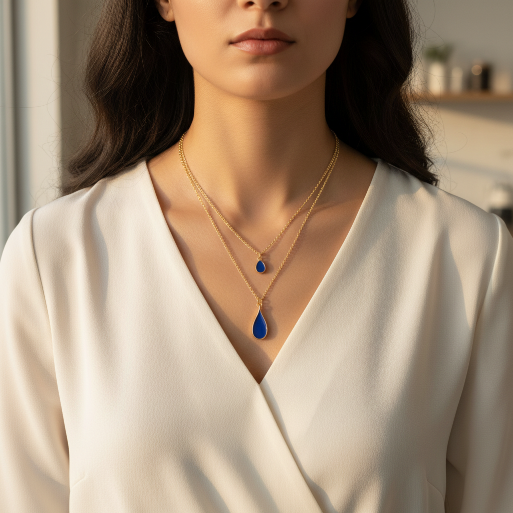 Cobalt Enamel Teardrop Layered Gold Chain Necklace On A Woman.
