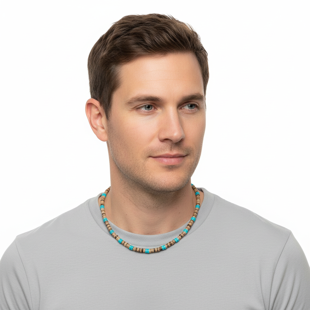 Mens Brown Coconut Shell and Magnesite Heishi Beaded Necklace On a Male Model.