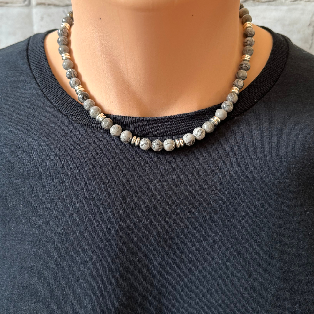 Mens Silver Crazy Lace Agate and Silver Beaded Necklace