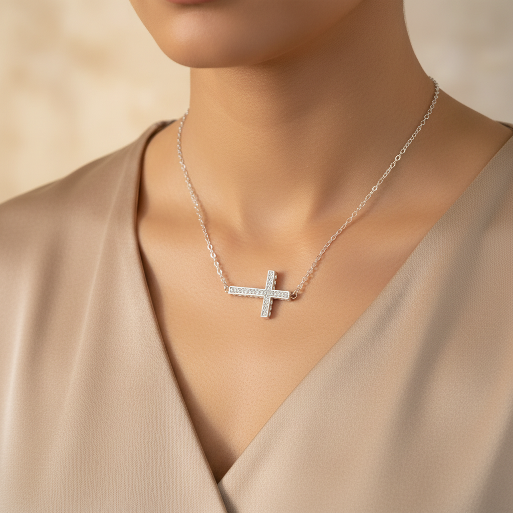 Crystal Sideways Cross Necklace  On A Wpman.