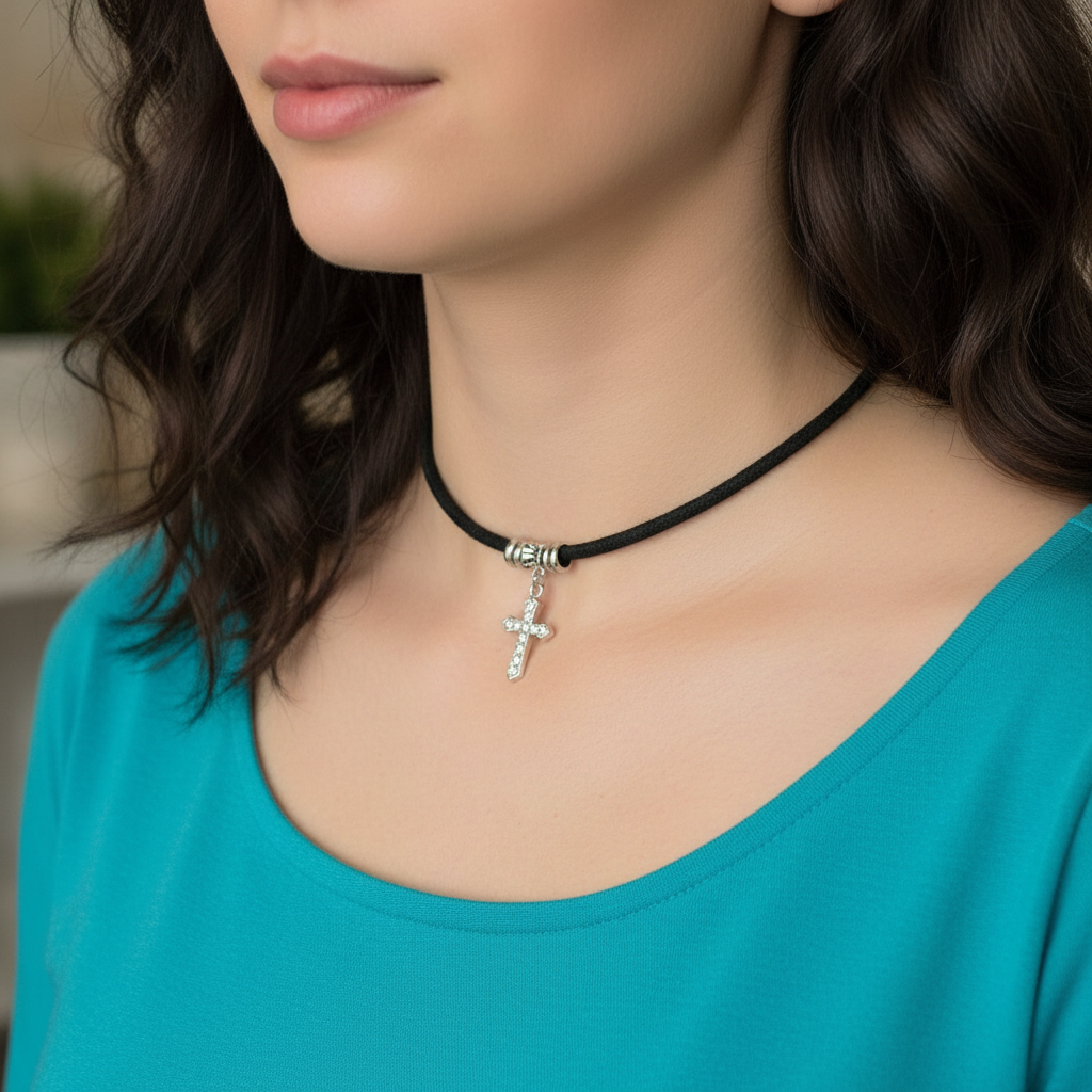 Crystal Silver Cross Choker on a Woman