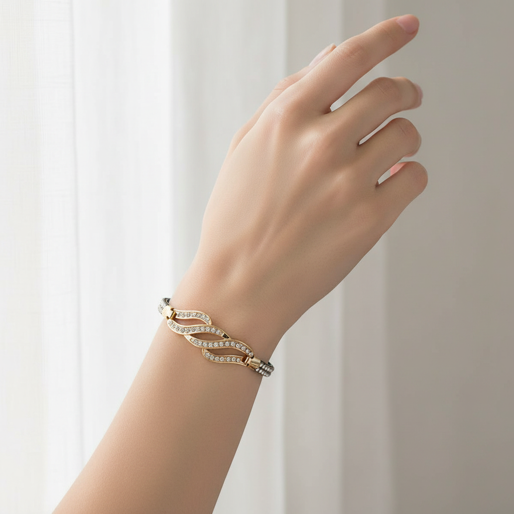 Crystal Wave Bracelet On A Womans Wrist.