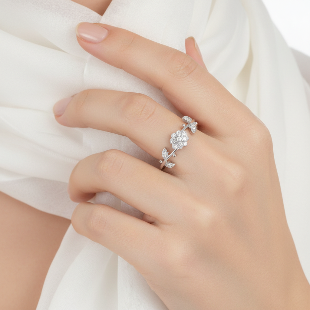 Cubic Zirconia Rose Ring On A Hand.