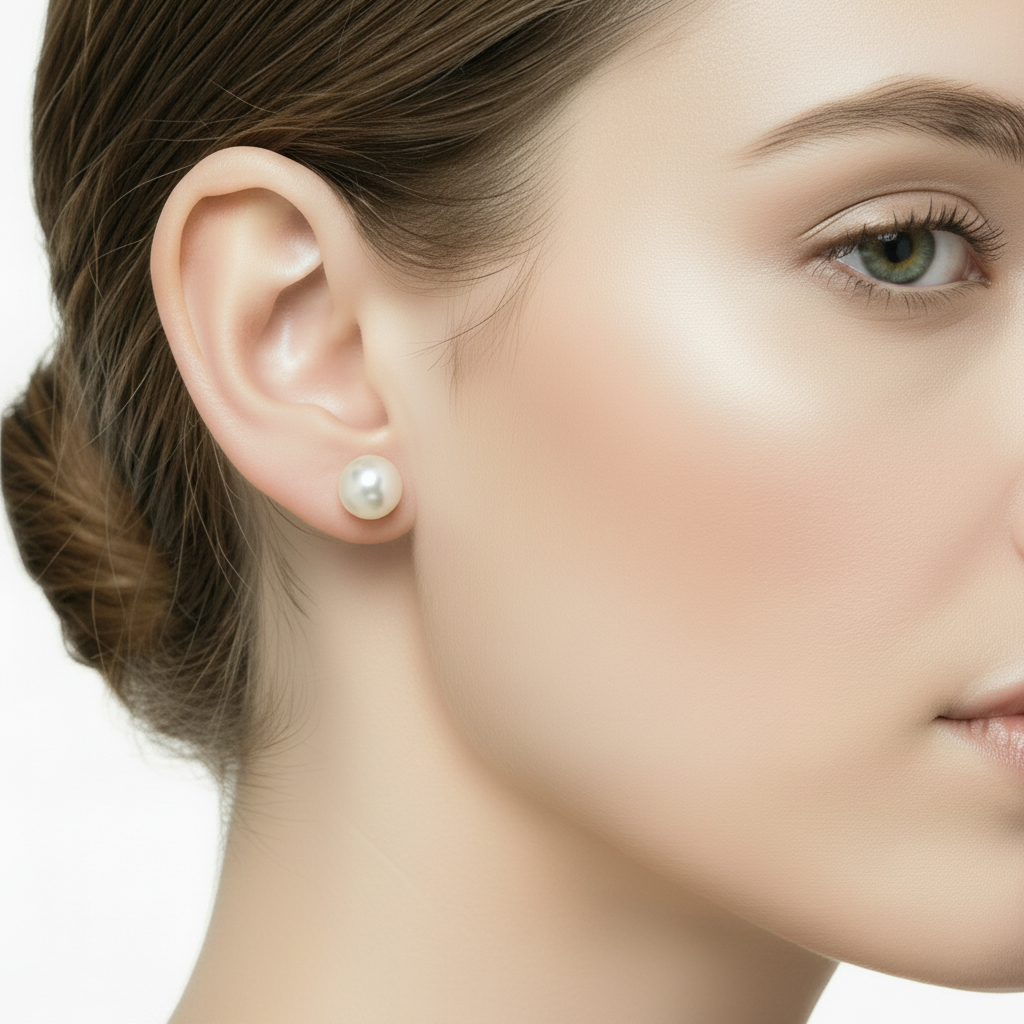 Cultured Freshwater Pearl Stud Earring 8mm On A Woman.