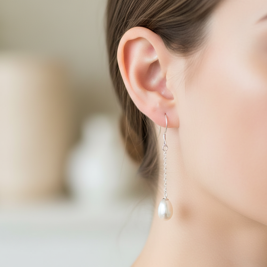 Cultured White Pearl Dangle Earrings On A Woman.