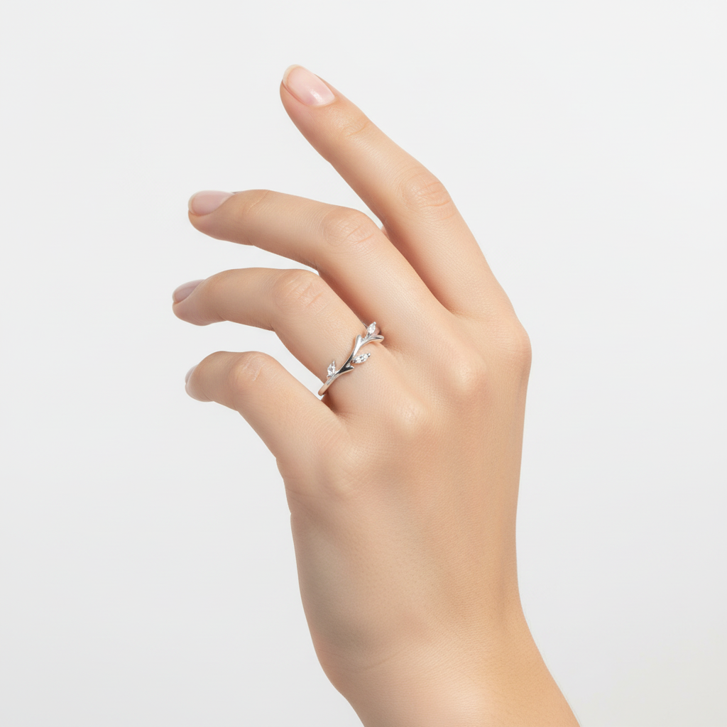 CZ and Sterling Silver Branch Ring On A Hand.