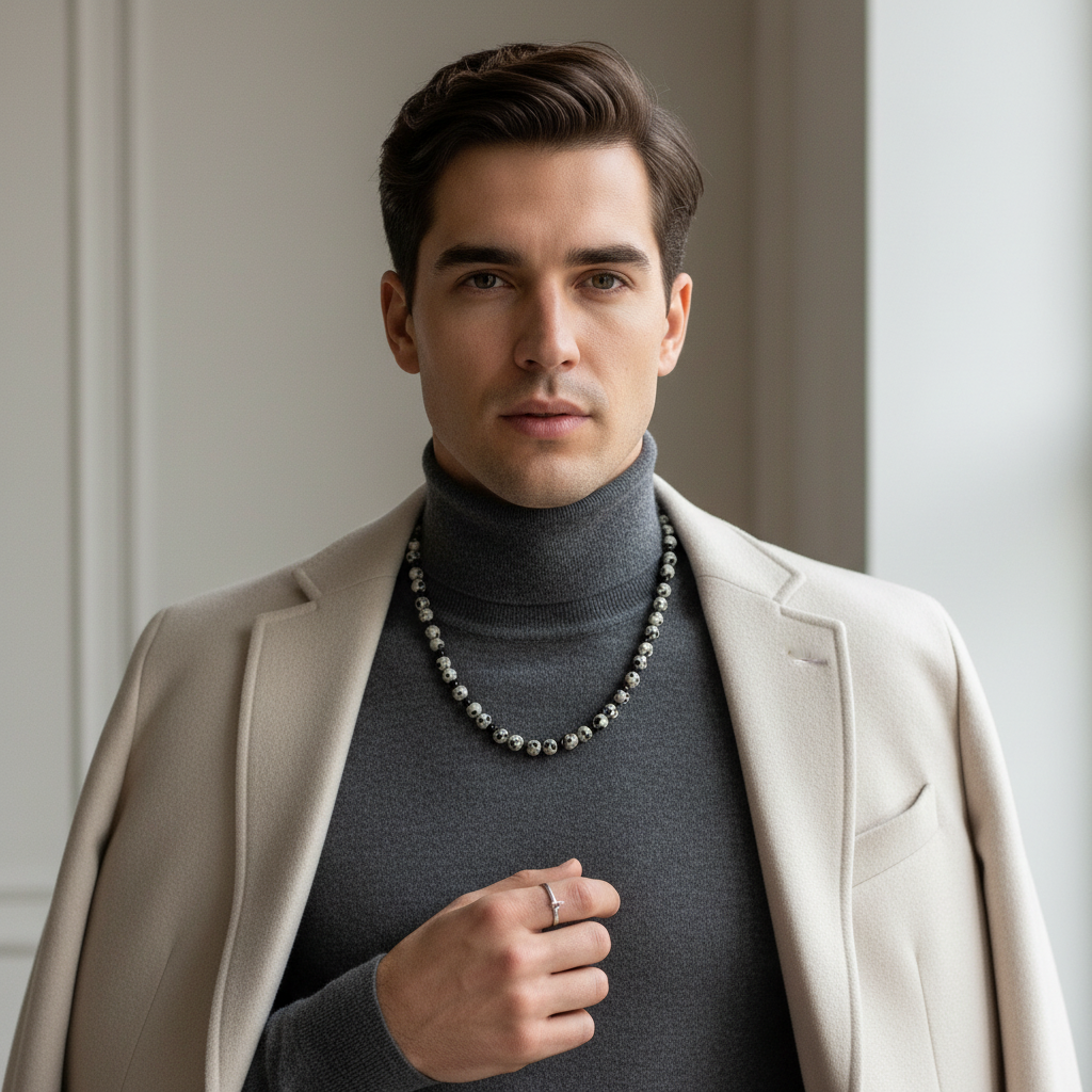 Dalmatian jasper and black onyx necklace on male model.