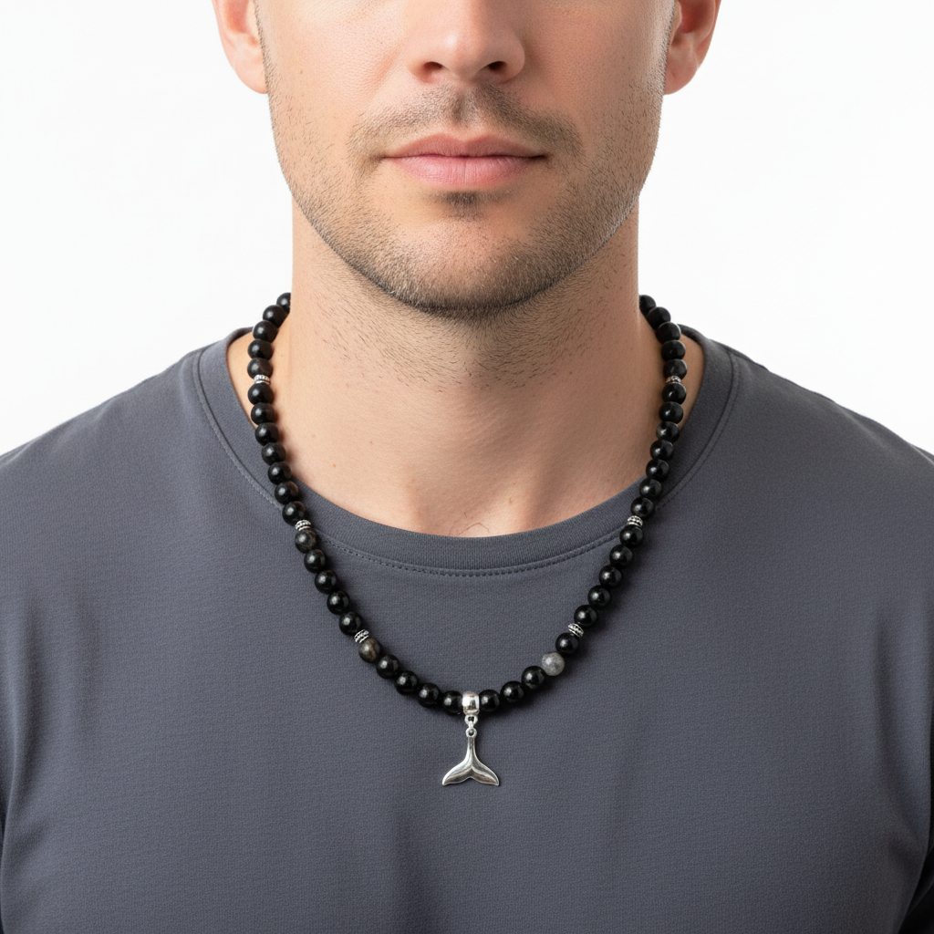 Dark Brown Agate and Silver Whale Tail Necklace On a man.