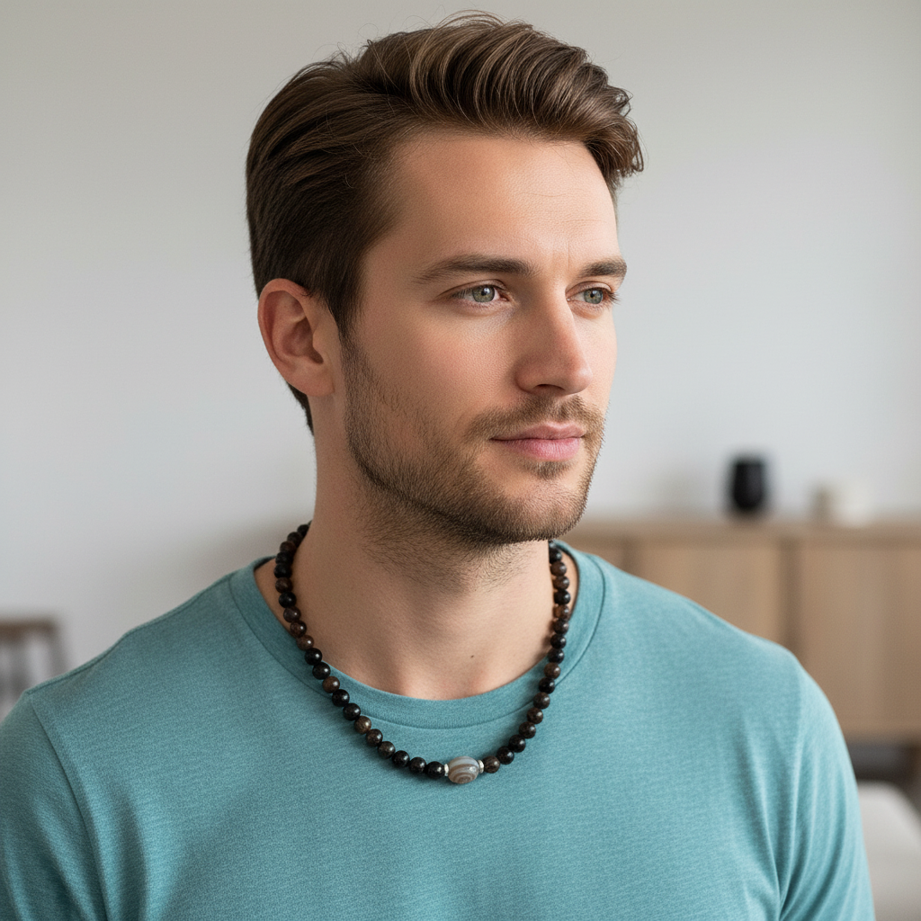 Mens Dark Brown and Striped Agate Beaded Necklace On A Man.