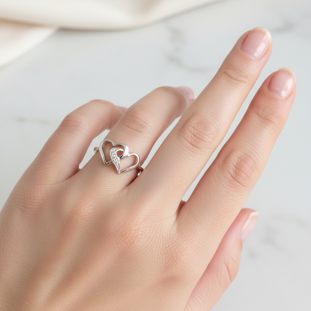 Double Heart Sterling Silver Ring On A  Hand.