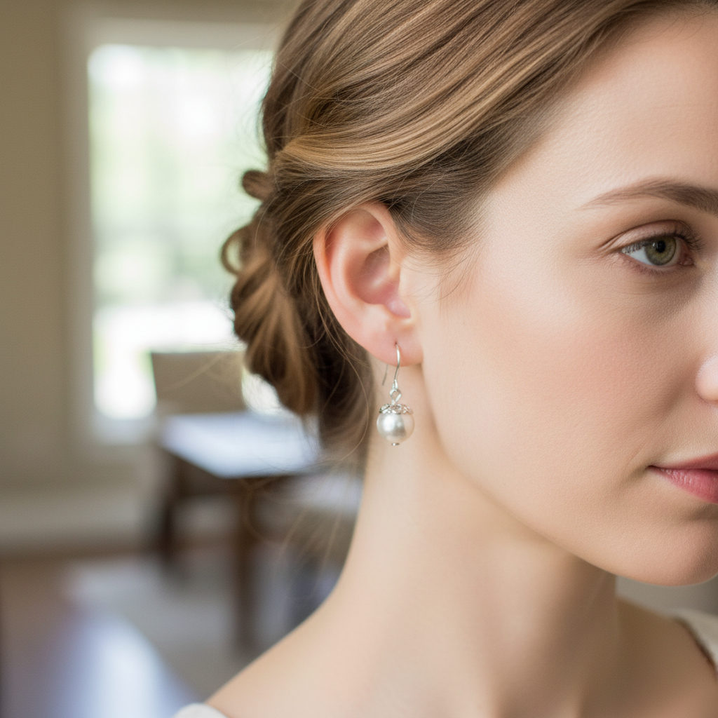 White Faux Pearl Drop Earrings On A Model.