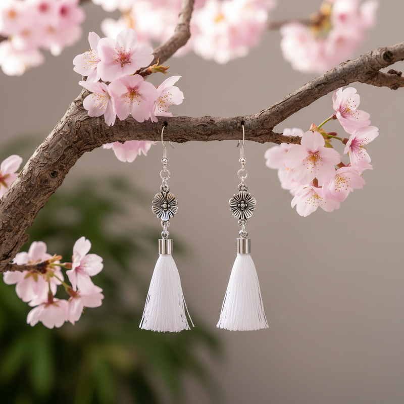 Antique Silver Flower with White Tassel Dangle Earrings On A Branch with Flowers.
