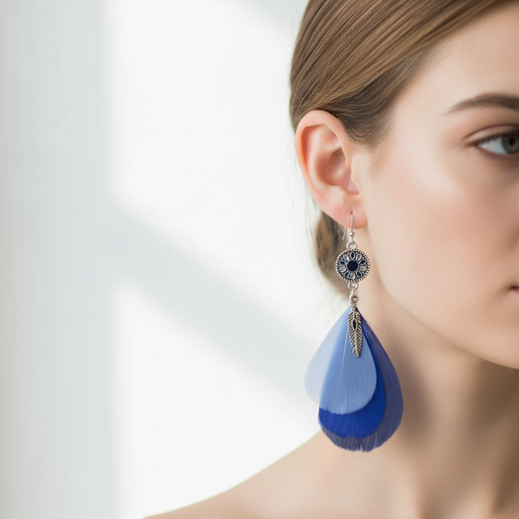 Blue Feather Long Dangle Earrings
