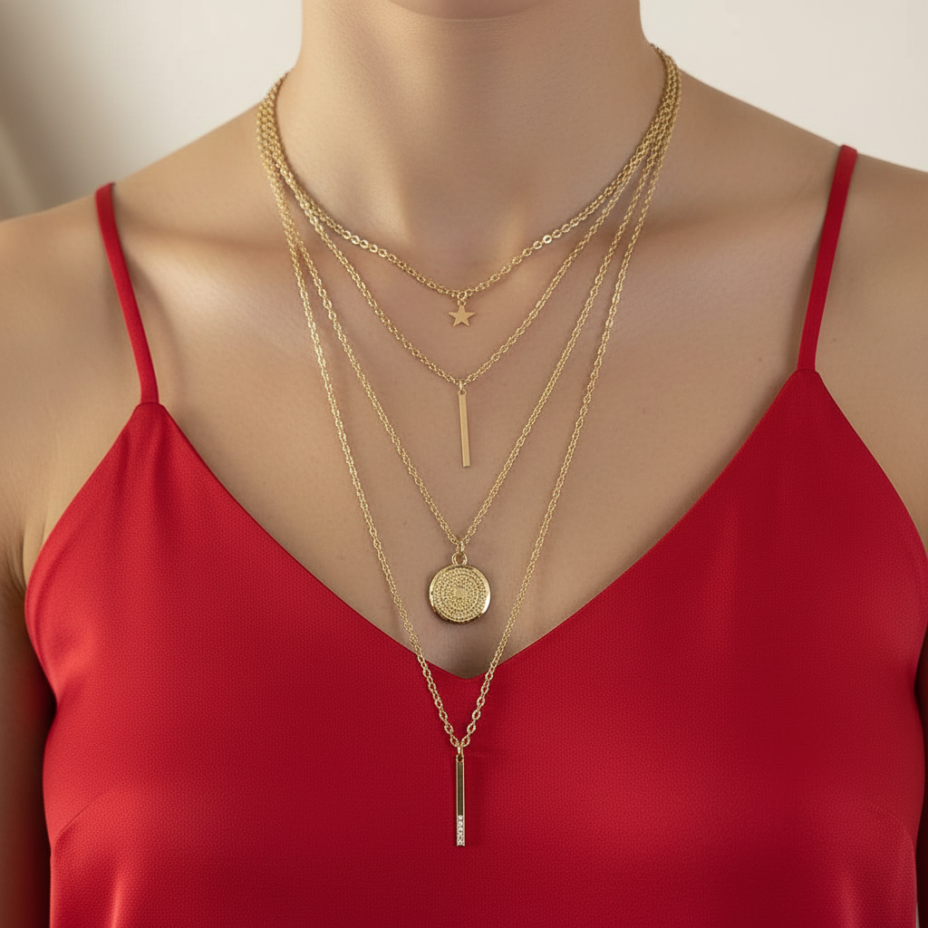 Four Gold Charm Layered Necklace On A Woman.