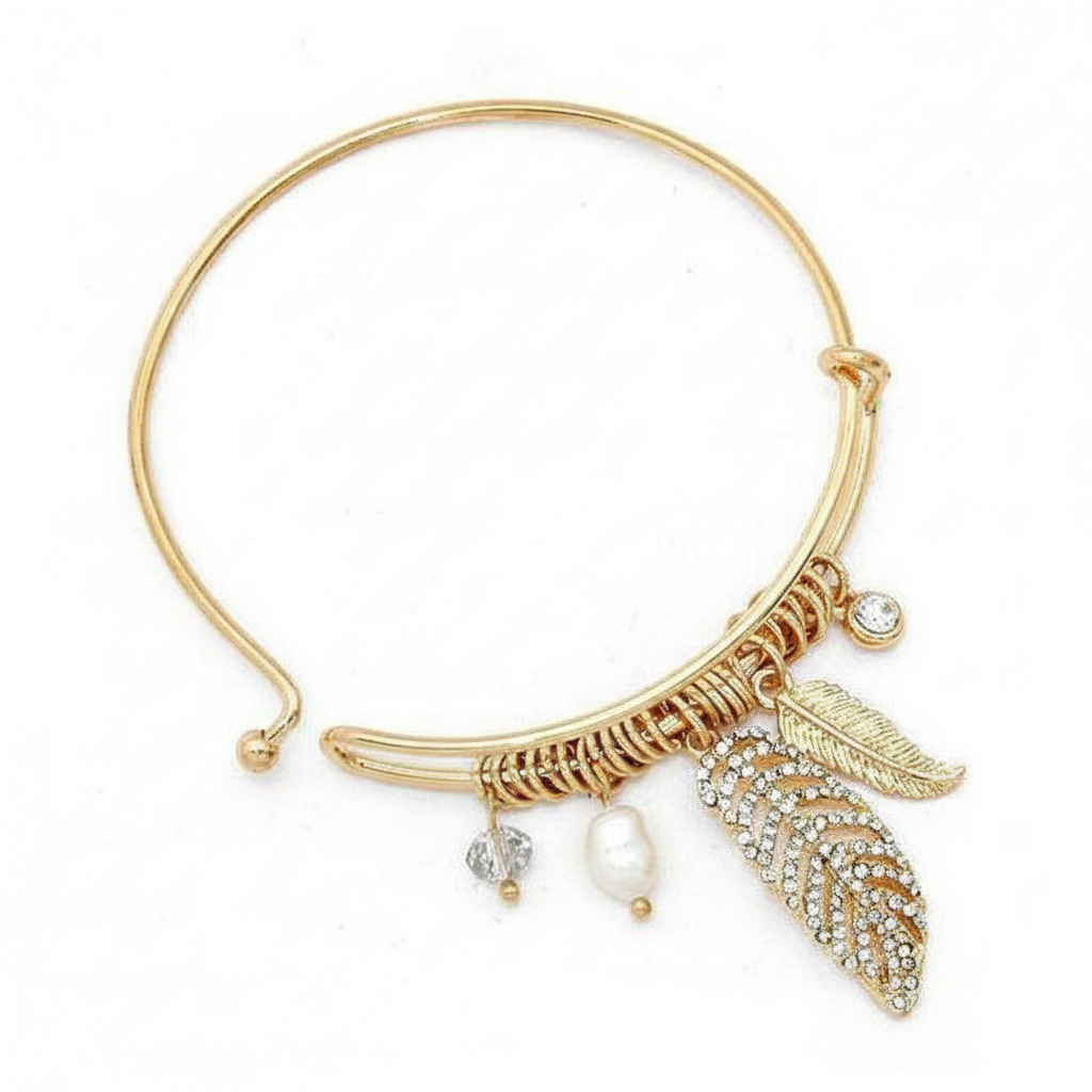 Gold and Crystal Leaf Bangle Bracelet.