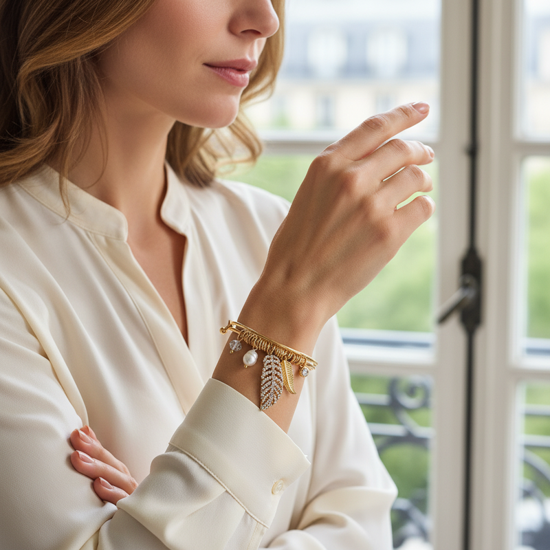 Gold and Crystal Leaf Bangle Bracelet On A Woman.