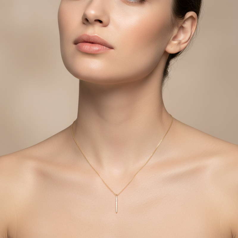 Gold and CZ Bar Necklace On A Model.