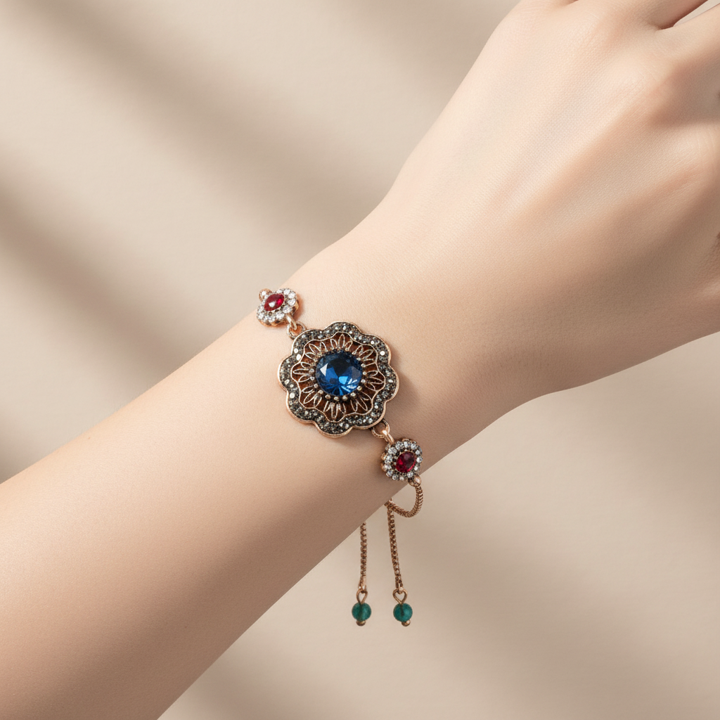 Gold Antique Blue Crystal Bracelet On A Wrist. 