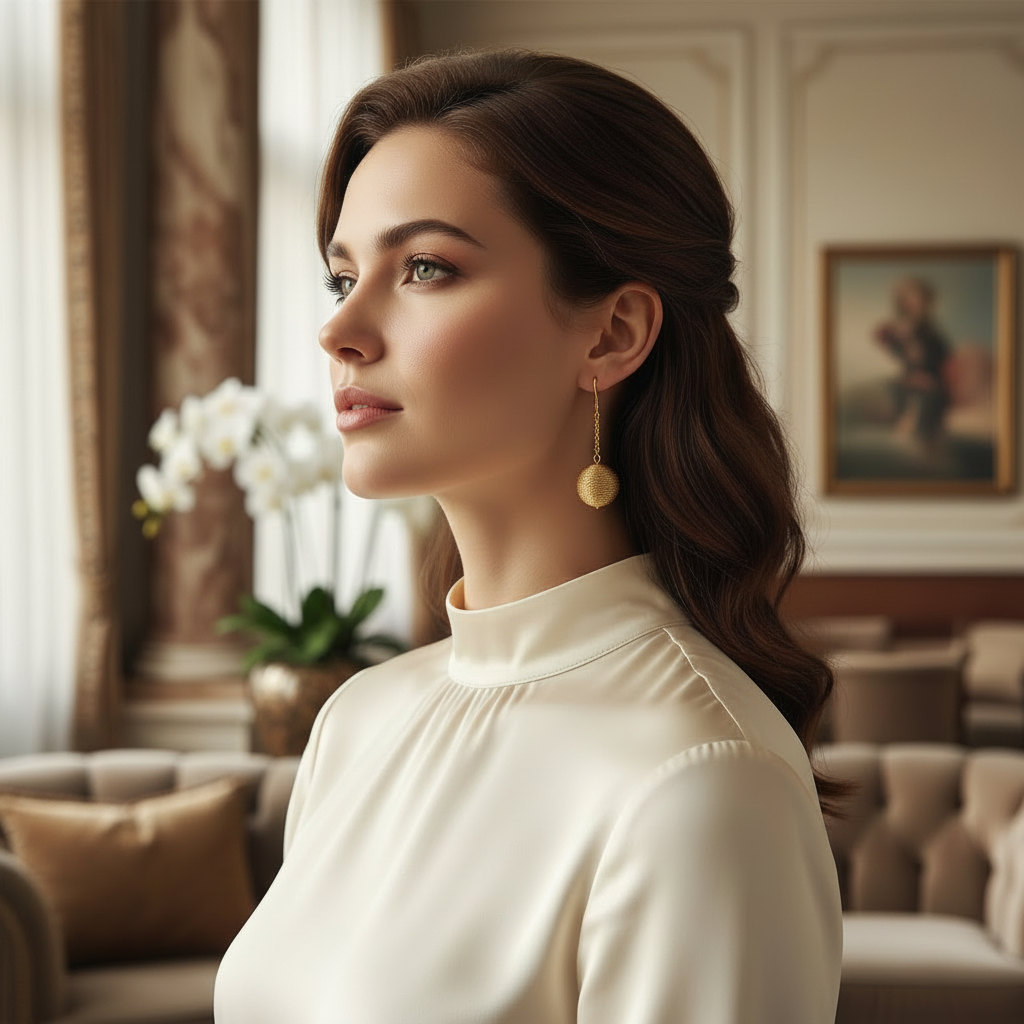 Gold Ball Earrings Shorter On a Model.