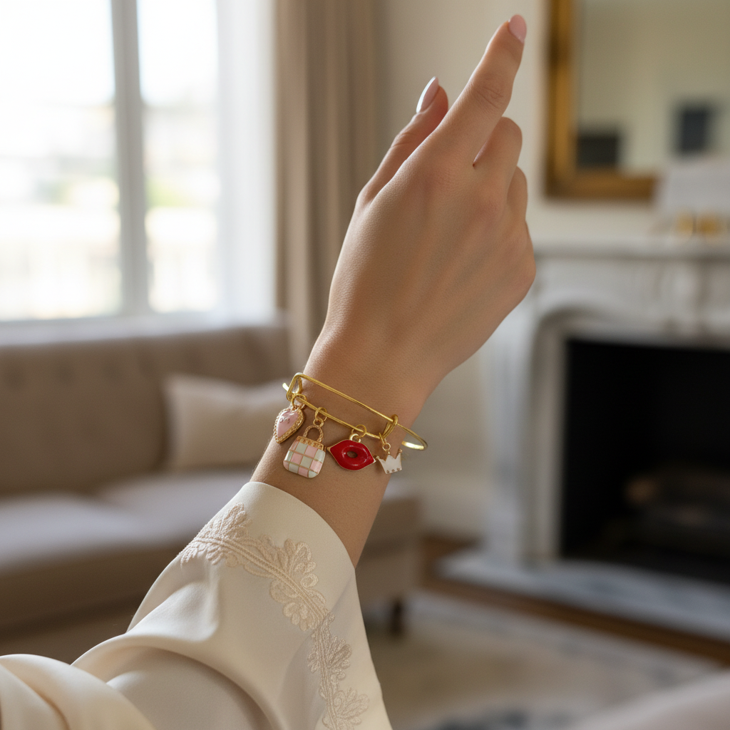 Gold Bangle Fashion Princess Charm Bracelet On A Woman.