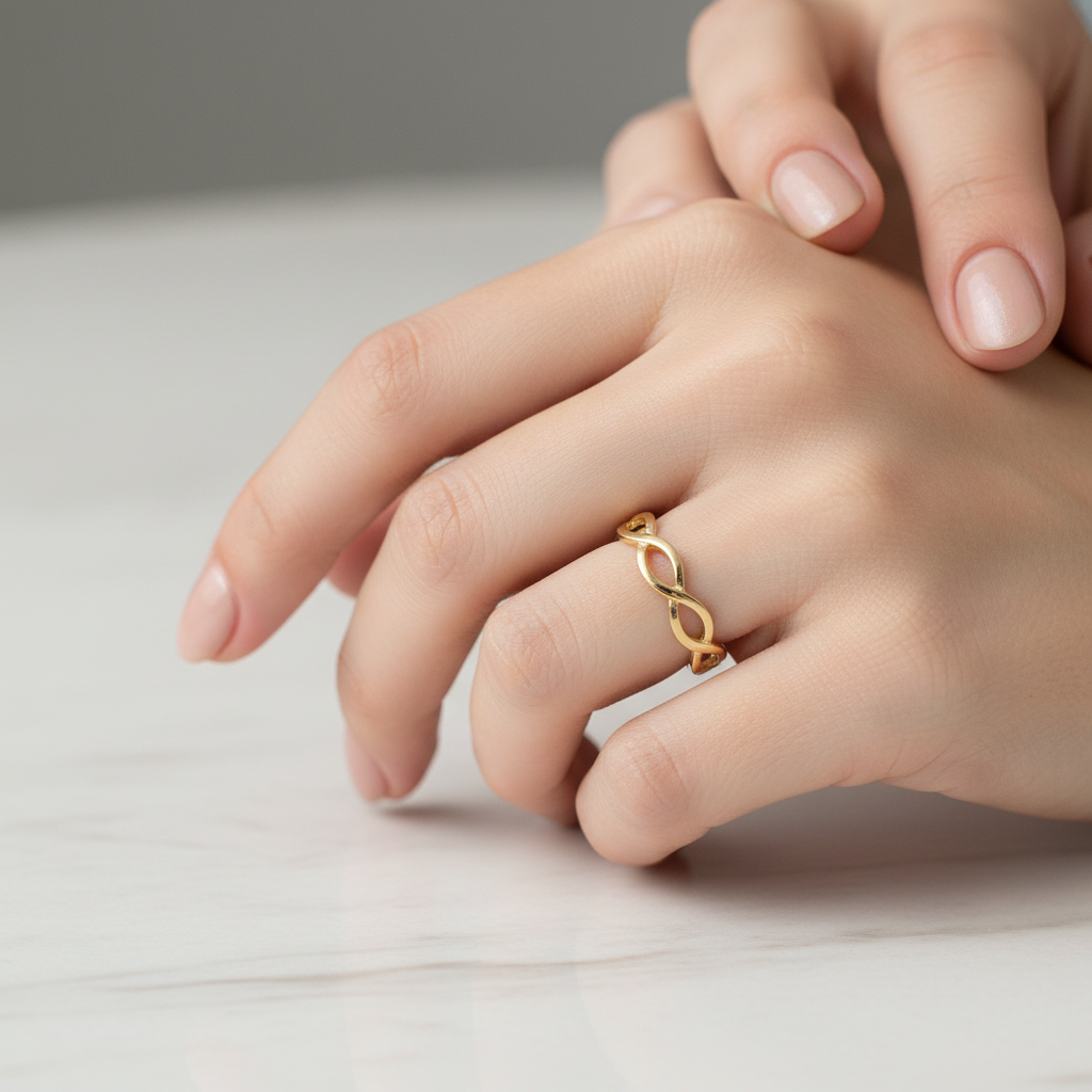 Gold Braided Sterling Silver Ring On A Hand.