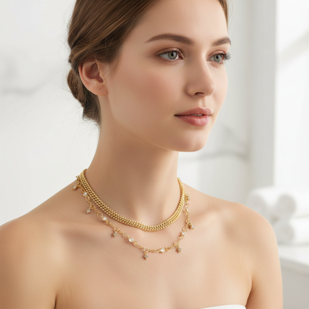 Gold Chain Crystal Pendant Necklace On A Woman.