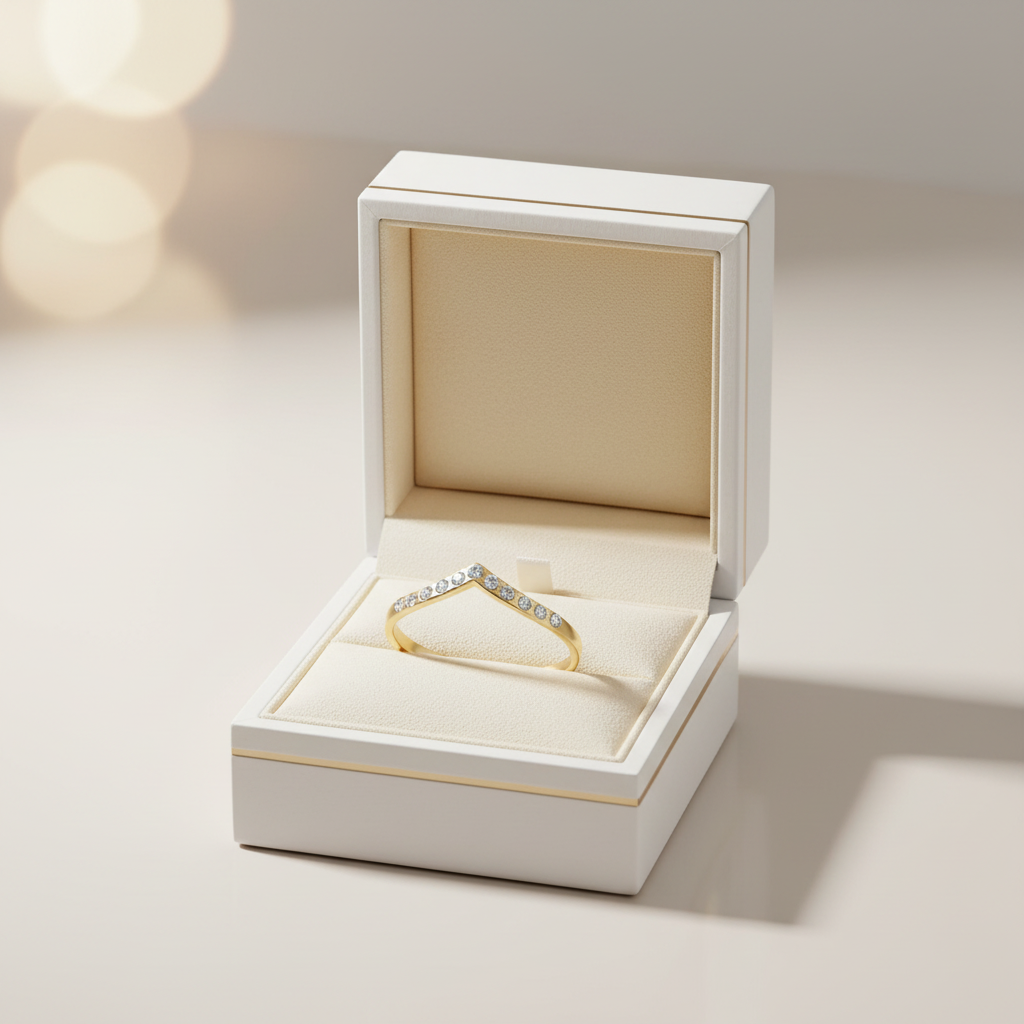 Gold and CZ V Shaped Ring in Jewelry Box
