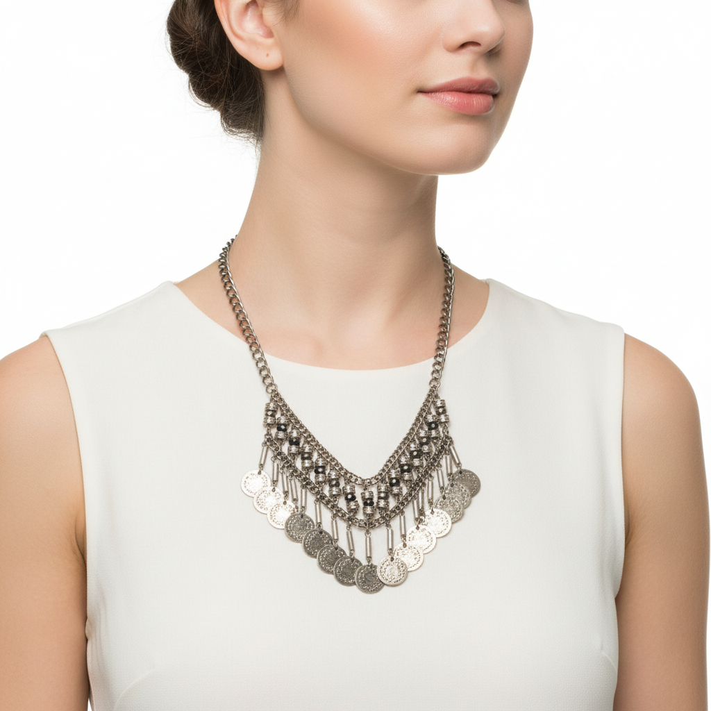 Gold Coin Boho Beaded Fringe Necklace On A Model. 