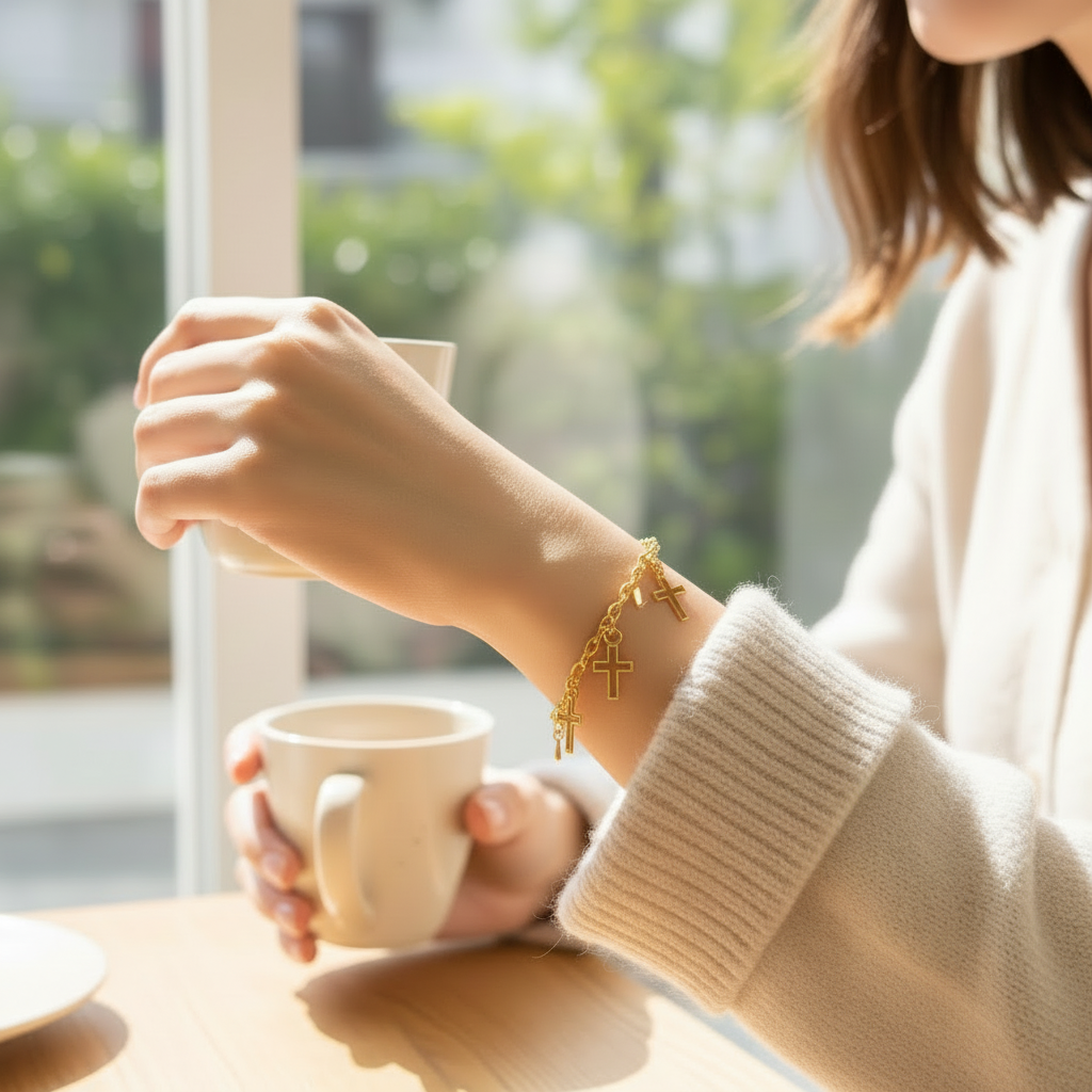 Gold Cross Charm Bracelet On a Woman.